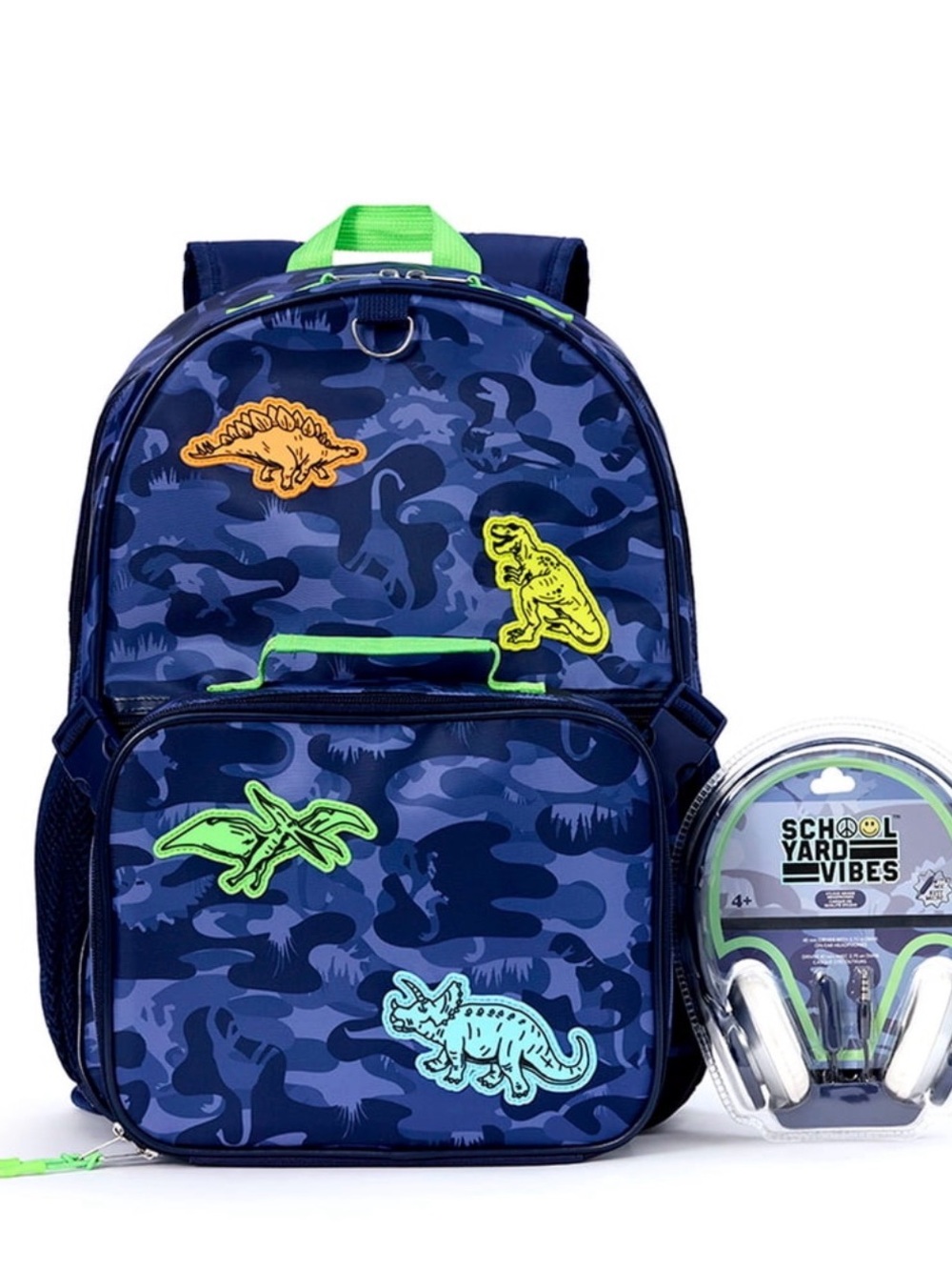 School Yard Vibes Dino 3PC Backpack Set With Headphones And Lunch Box